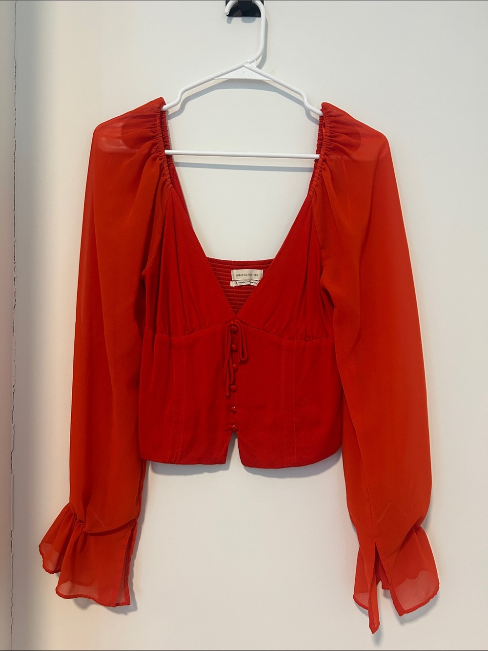 Urban Outfitters Red Sheer-Sleeve V-Neck Peplum Blouse